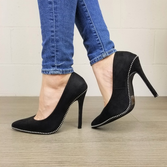 Black vegan Suede High Heel Pumps With Studs -gg - Picture 5 of 8